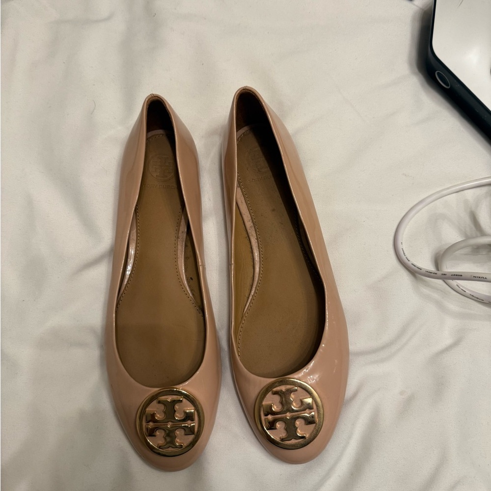 Tory Burch Pink and Gold Flats with Iconic Logo